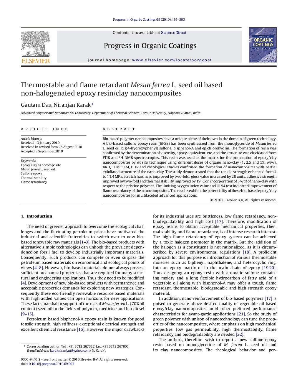 Thermostable and flame retardant Mesua ferrea L. seed oil based non-halogenated epoxy resin/clay nanocomposites