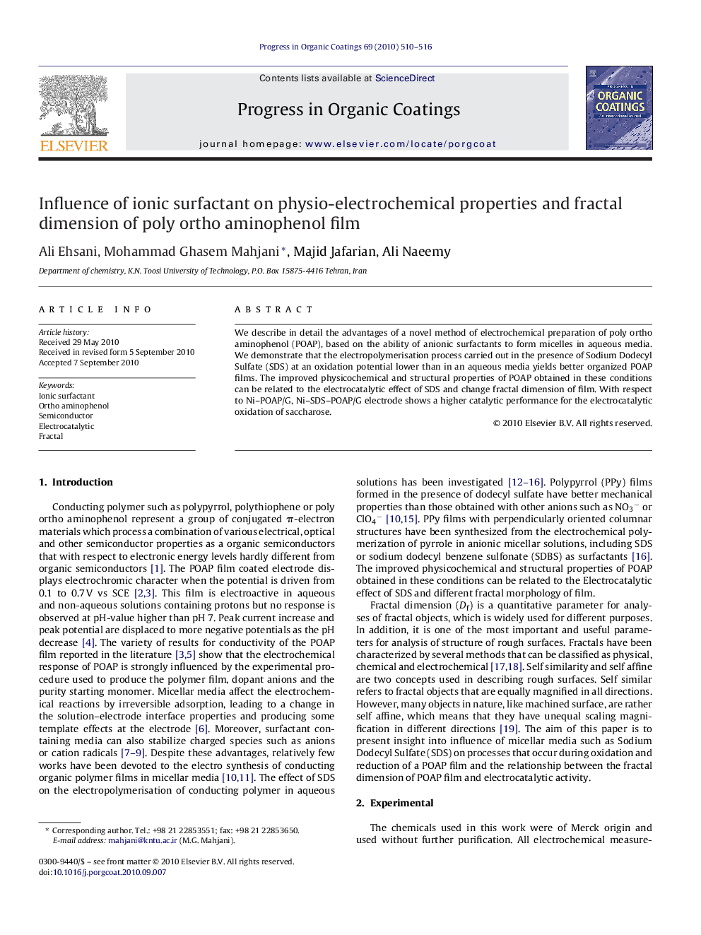 Influence of ionic surfactant on physio-electrochemical properties and fractal dimension of poly ortho aminophenol film