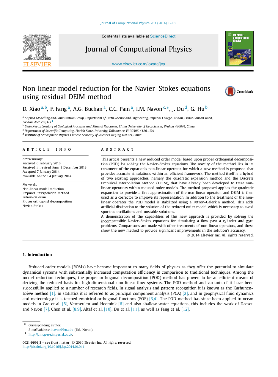 Non-linear model reduction for the Navier-Stokes equations using residual DEIM method