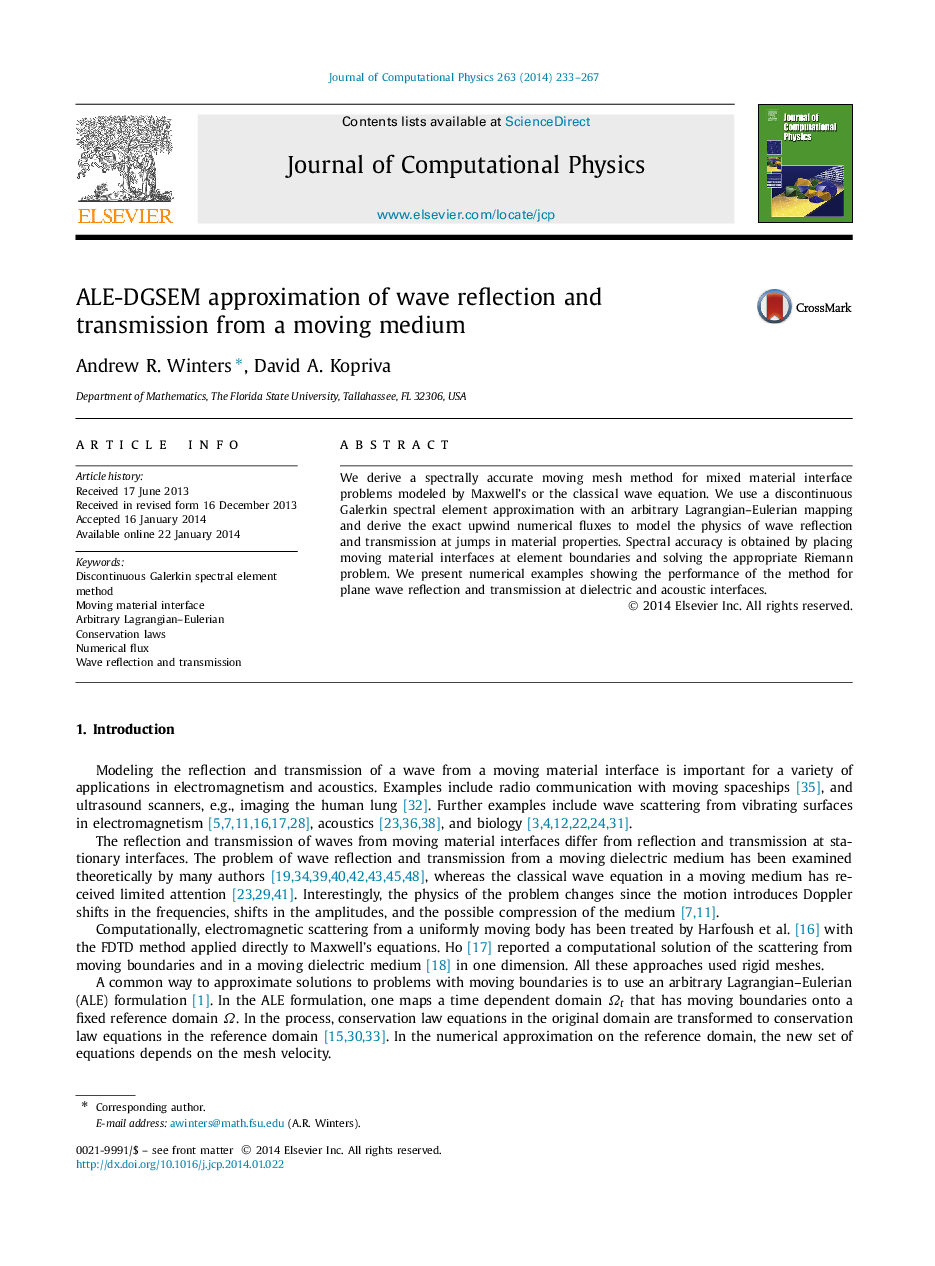 عکس صفحه اول مقاله: ALE-DGSEM approximation of wave reflection and transmission from a moving medium ALE-DGSEM approximation of wave reflection and transmission from a moving medium