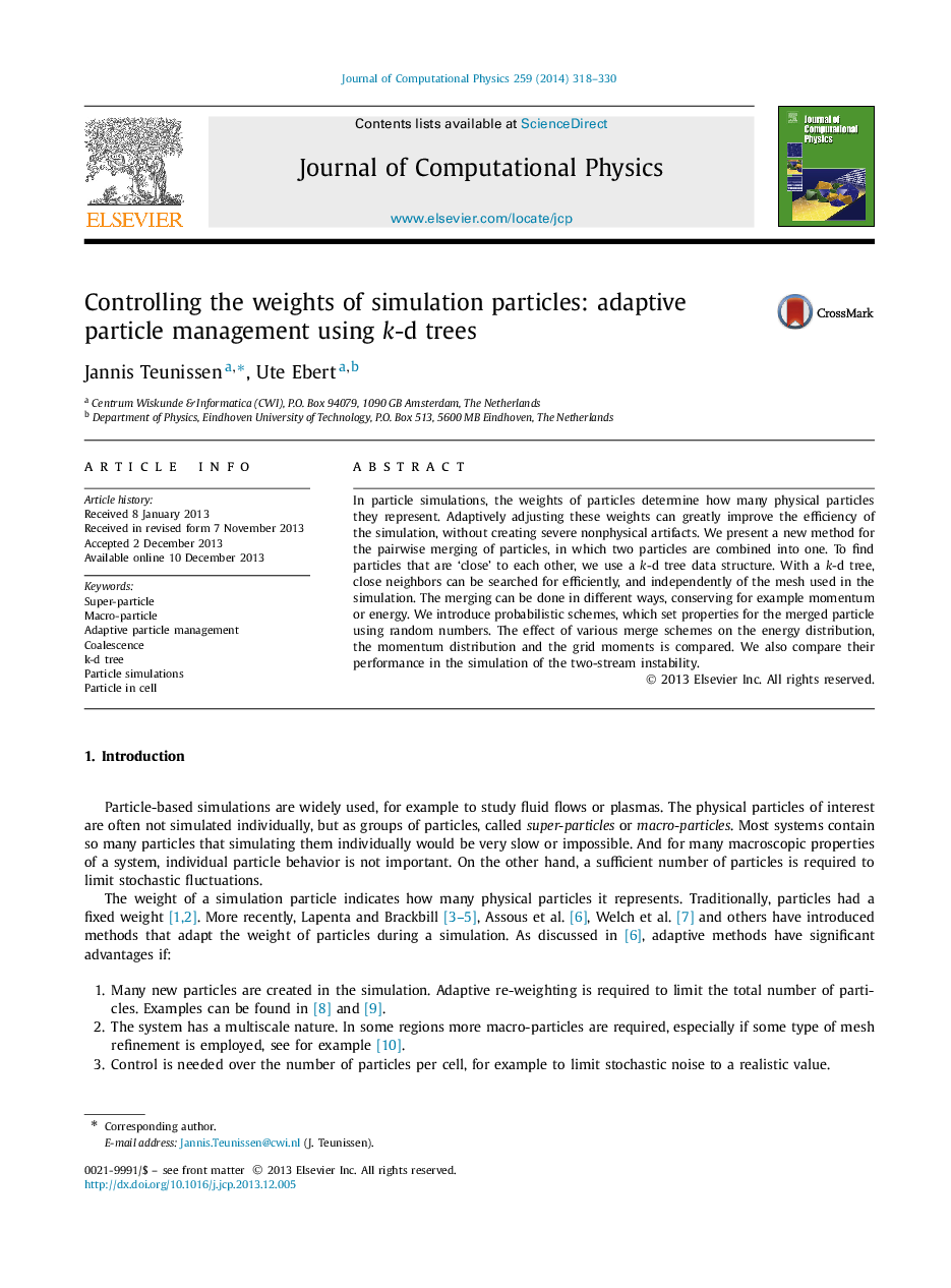 Controlling the weights of simulation particles: adaptive particle management using k-d trees