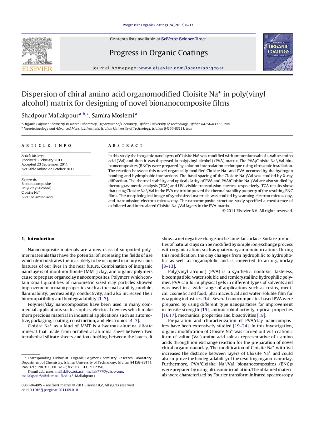 Dispersion of chiral amino acid organomodified Cloisite Na+ in poly(vinyl alcohol) matrix for designing of novel bionanocomposite films