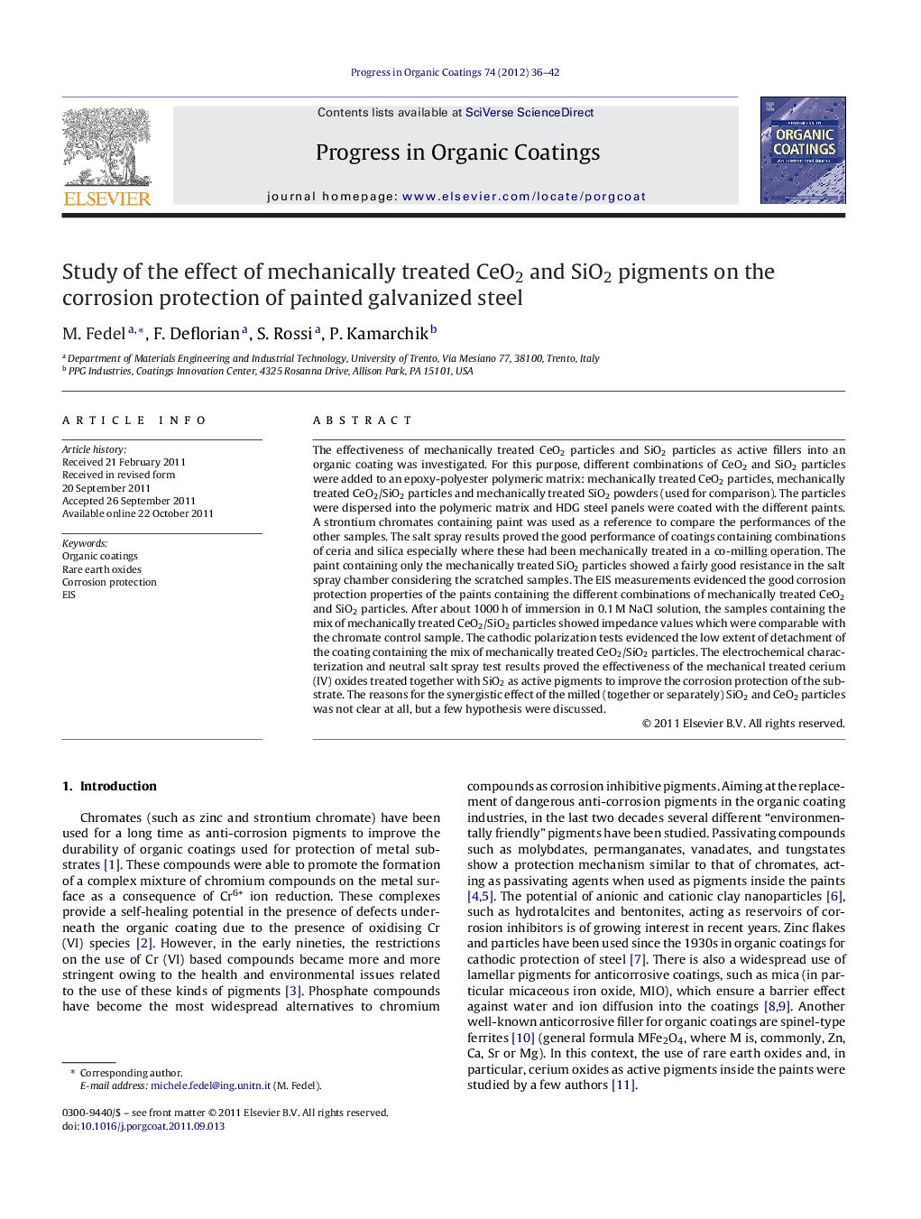 Study of the effect of mechanically treated CeO2 and SiO2 pigments on the corrosion protection of painted galvanized steel