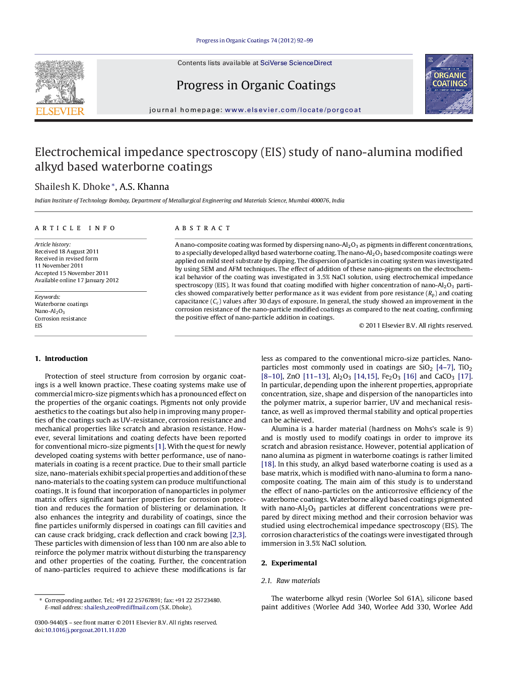 Electrochemical impedance spectroscopy (EIS) study of nano-alumina modified alkyd based waterborne coatings