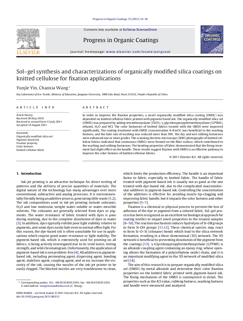 Sol–gel synthesis and characterizations of organically modified silica coatings on knitted cellulose for fixation applications