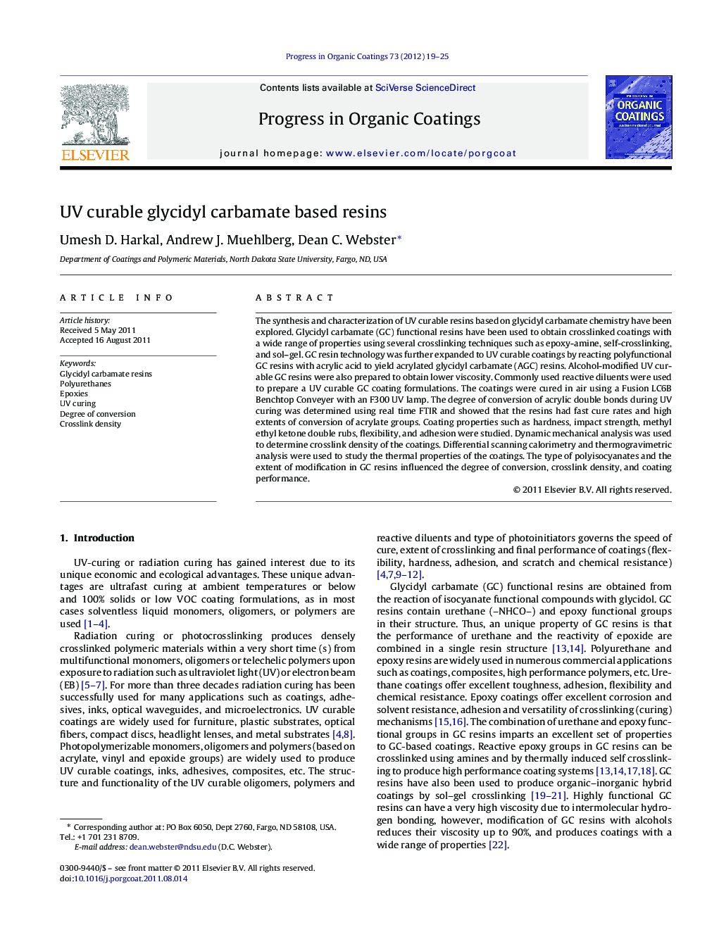 عکس صفحه اول مقاله: UV curable glycidyl carbamate based resins UV curable glycidyl carbamate based resins