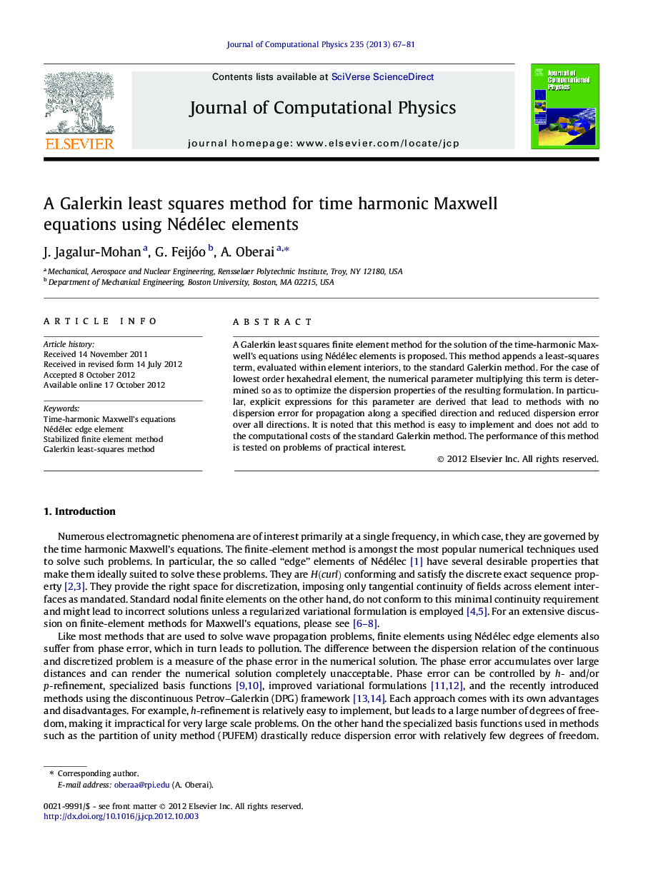 A Galerkin least squares method for time harmonic Maxwell equations using Nédélec elements