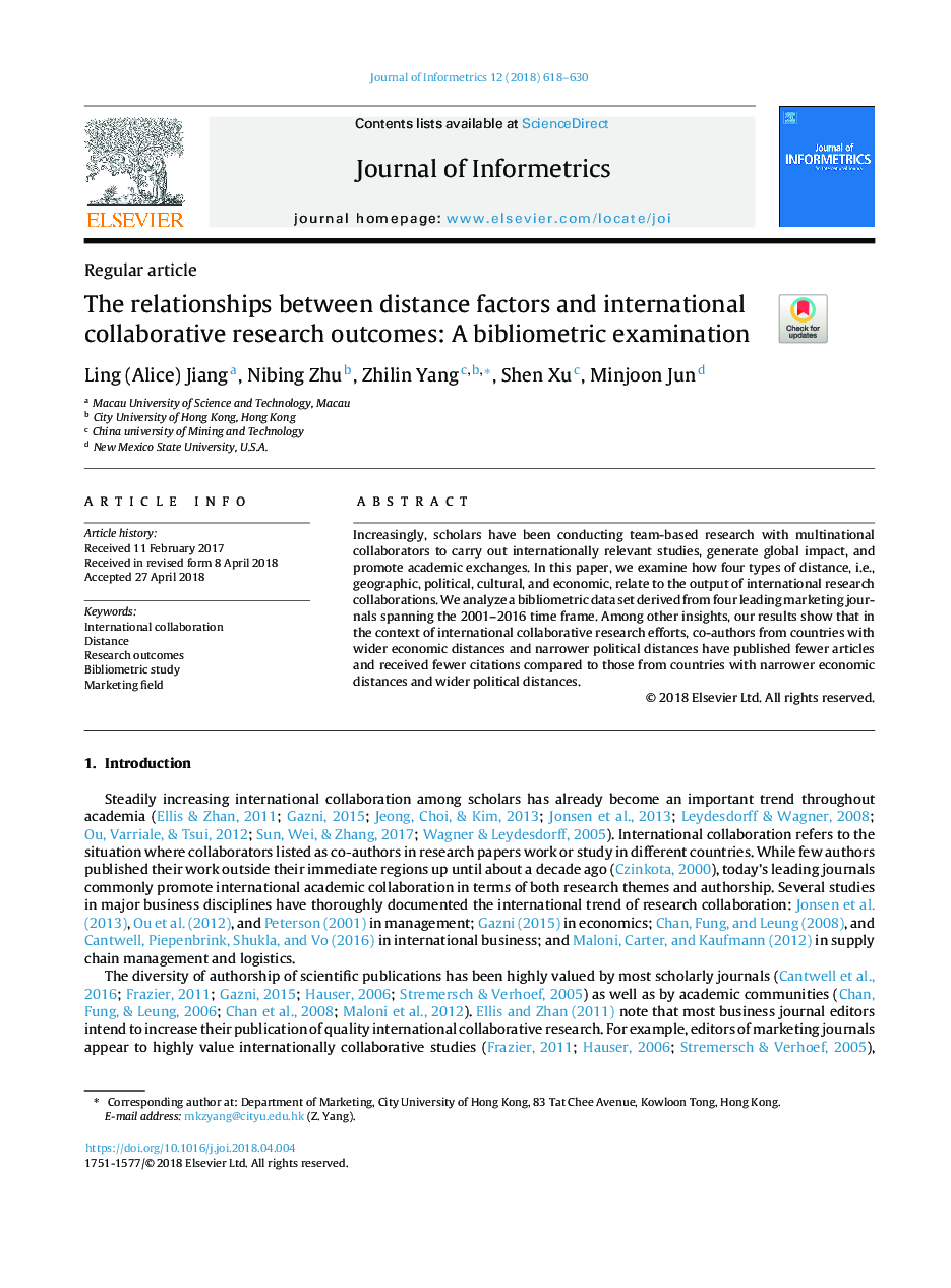 The relationships between distance factors and international collaborative research outcomes: A bibliometric examination