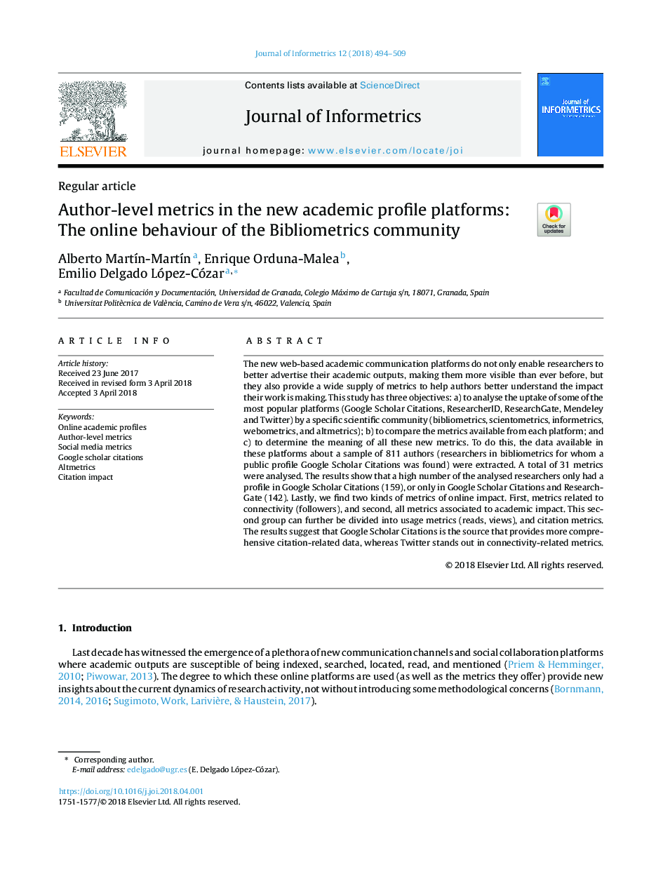 Author-level metrics in the new academic profile platforms: The online behaviour of the Bibliometrics community