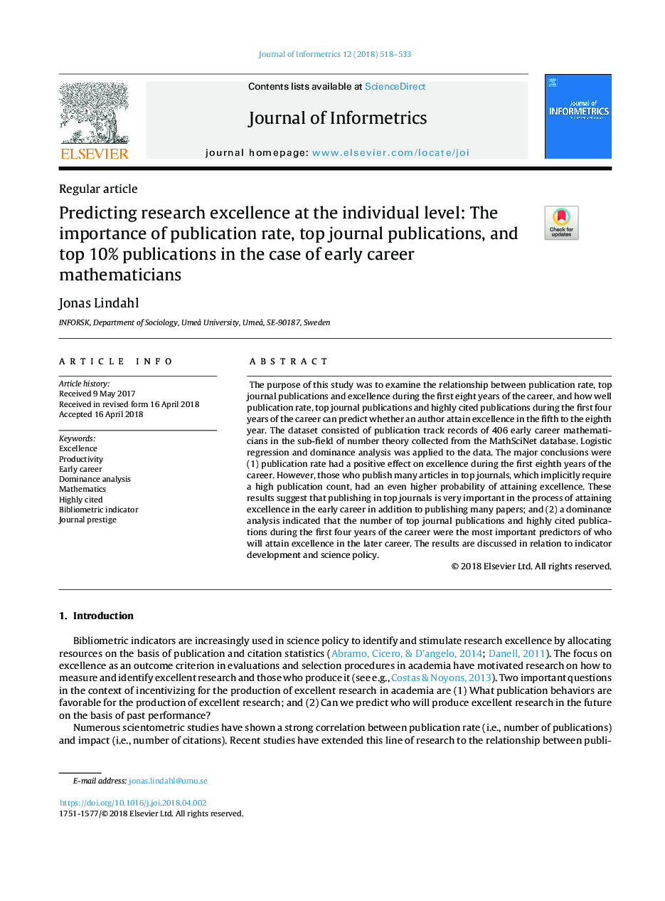 Predicting research excellence at the individual level: The importance of publication rate, top journal publications, and top 10% publications in the case of early career mathematicians