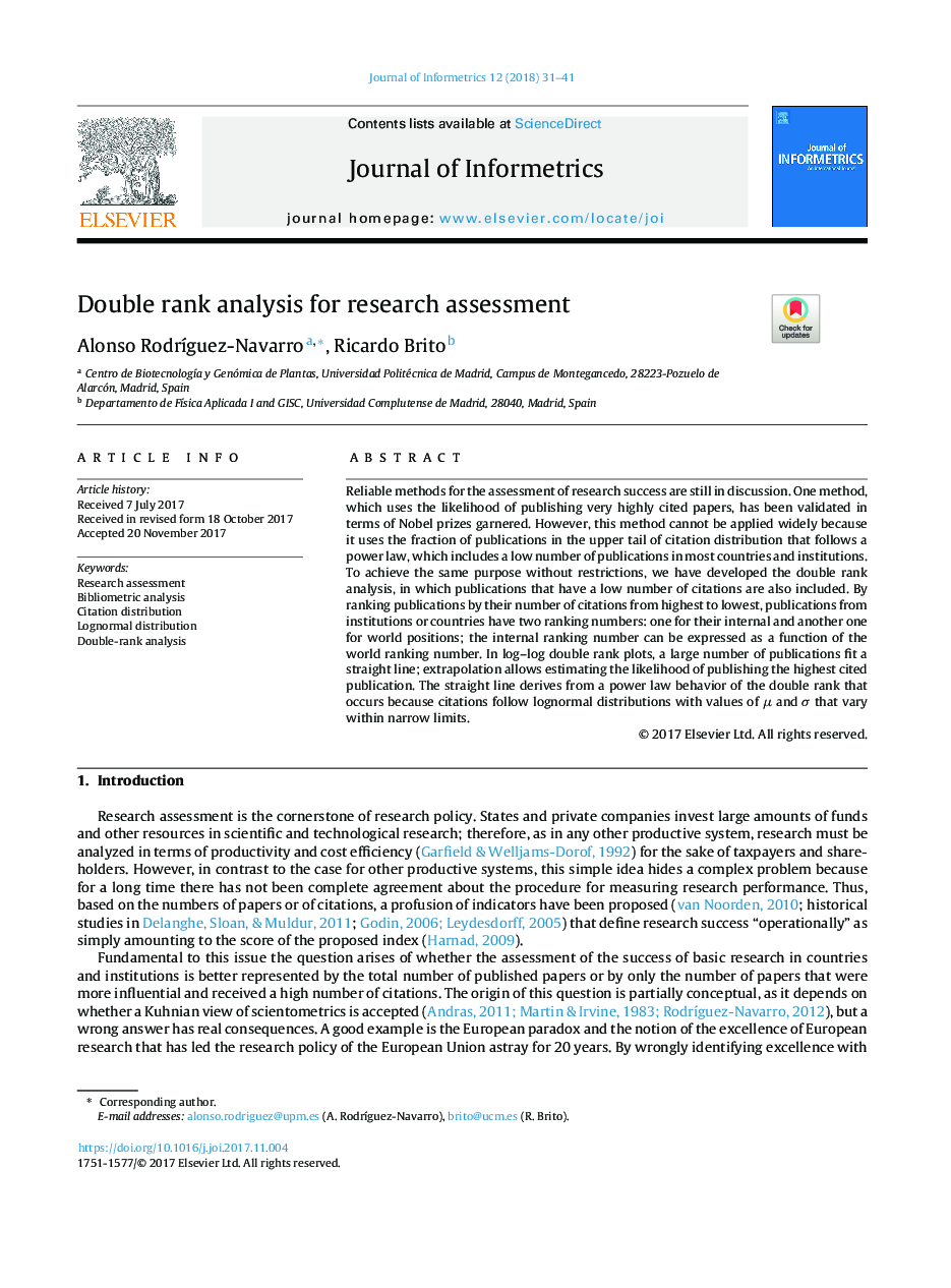 Double rank analysis for research assessment