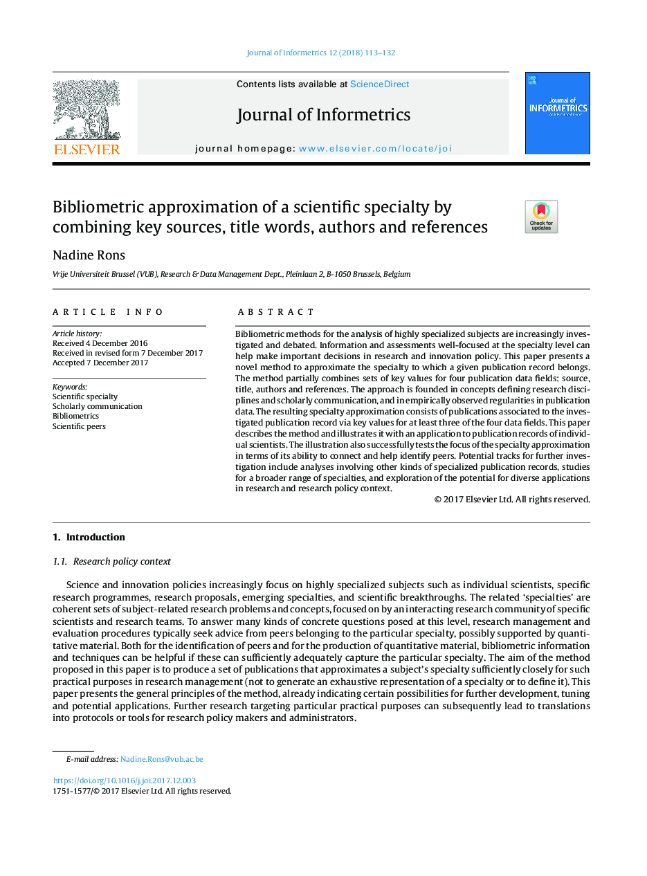 Bibliometric approximation of a scientific specialty by combining key sources, title words, authors and references