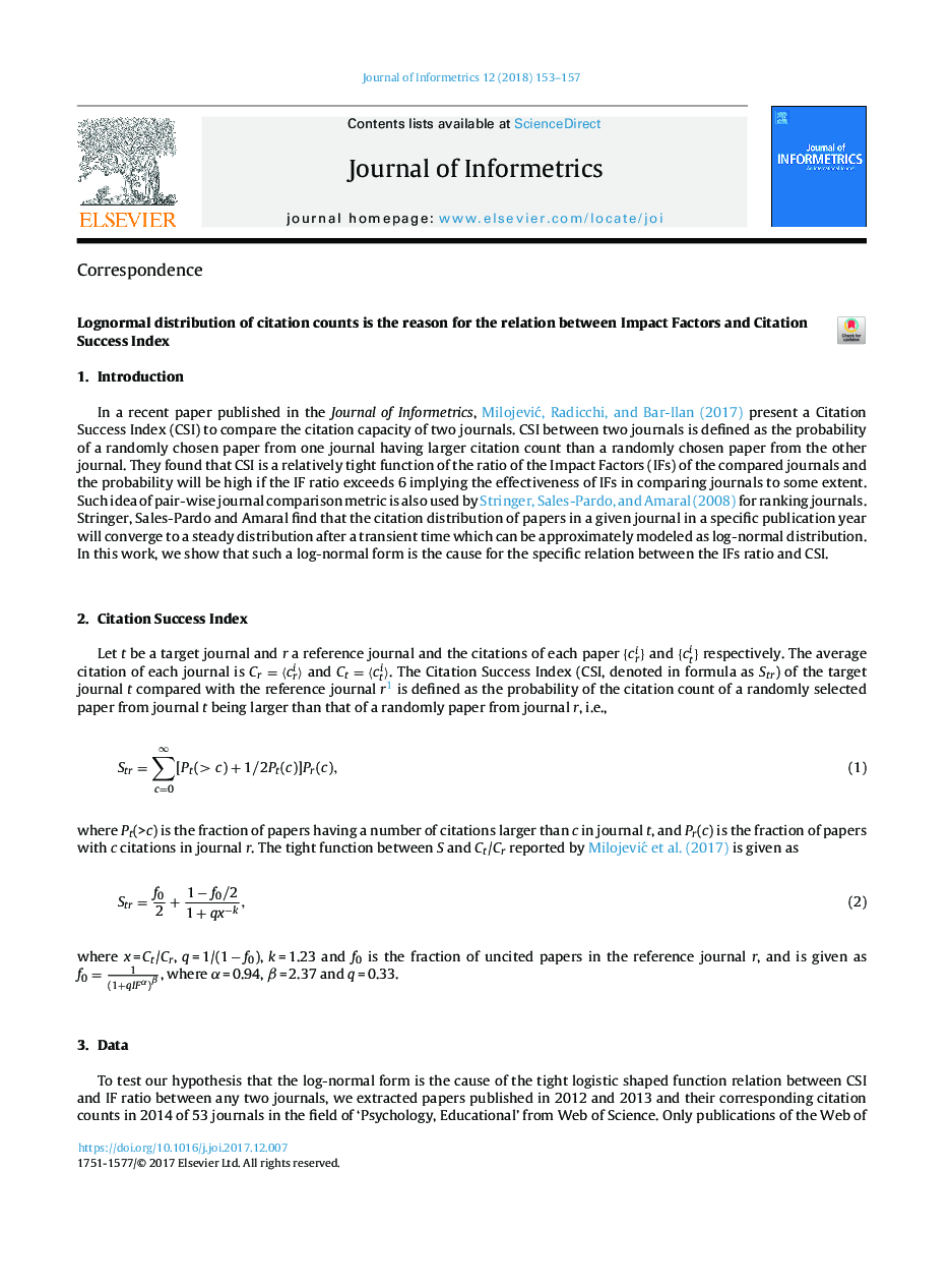 Lognormal distribution of citation counts is the reason for the relation between Impact Factors and Citation Success Index