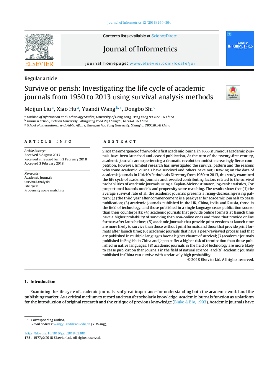 Survive or perish: Investigating the life cycle of academic journals from 1950 to 2013 using survival analysis methods