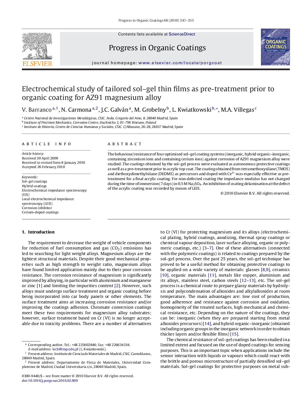 Electrochemical study of tailored sol-gel thin films as pre-treatment prior to organic coating for AZ91 magnesium alloy