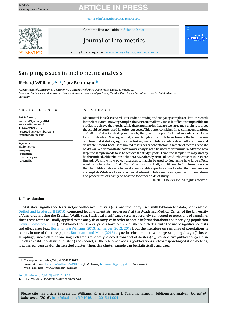 Sampling issues in bibliometric analysis