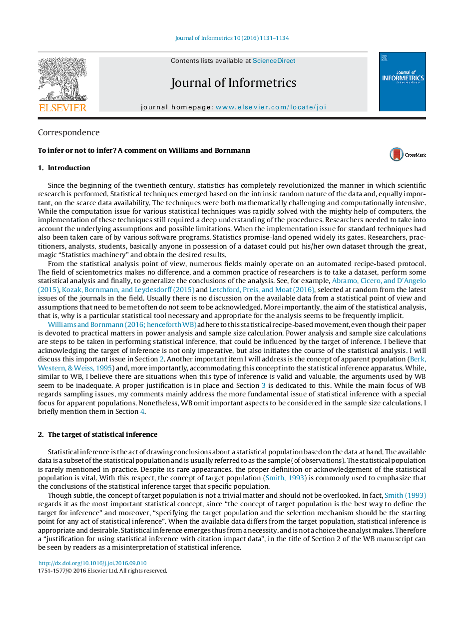 To infer or not to infer? A comment on Williams and Bornmann