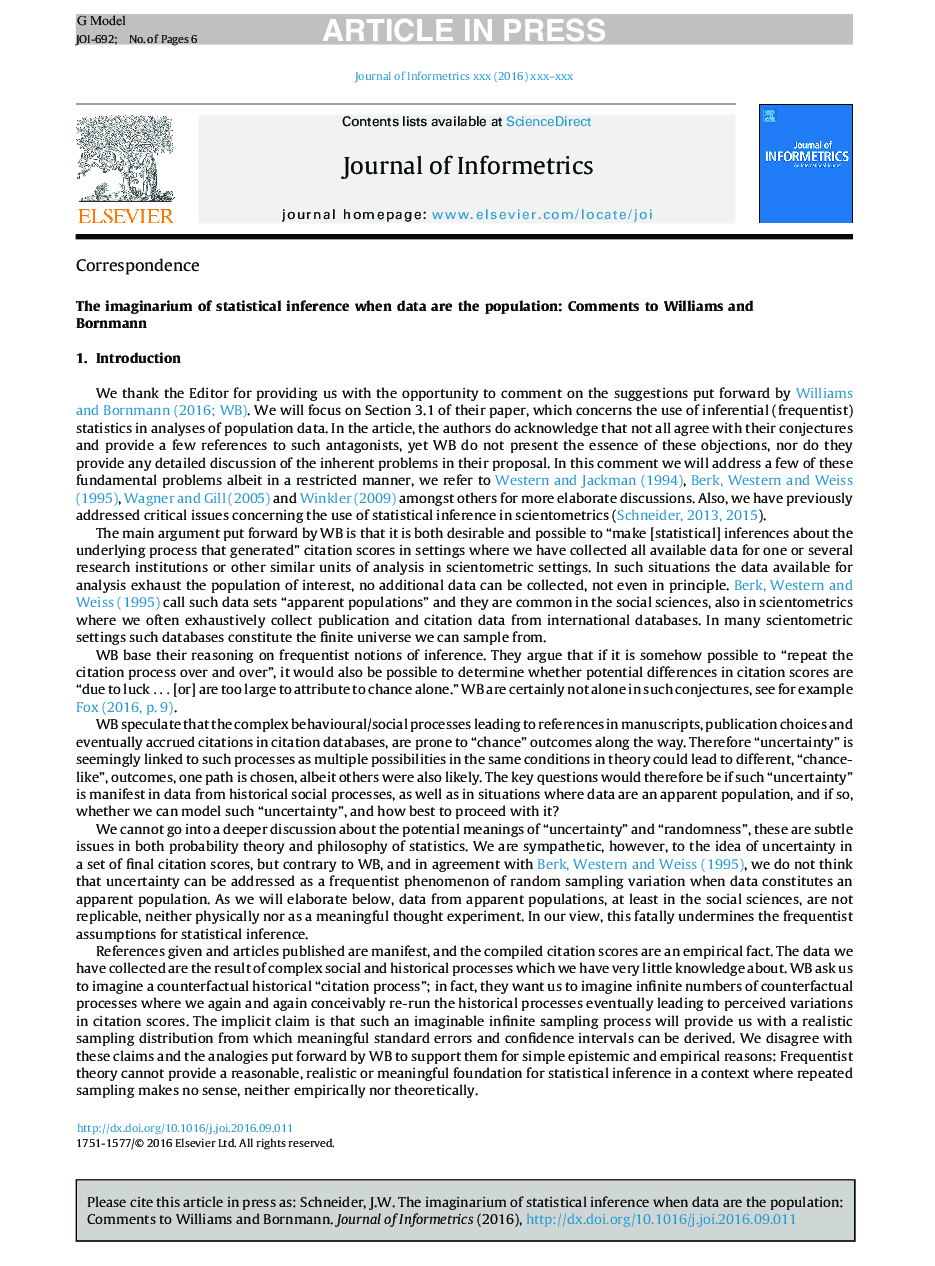 The imaginarium of statistical inference when data are the population: Comments to Williams and Bornmann