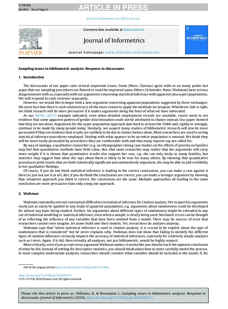 Sampling issues in bibliometric analysis: Response to discussants