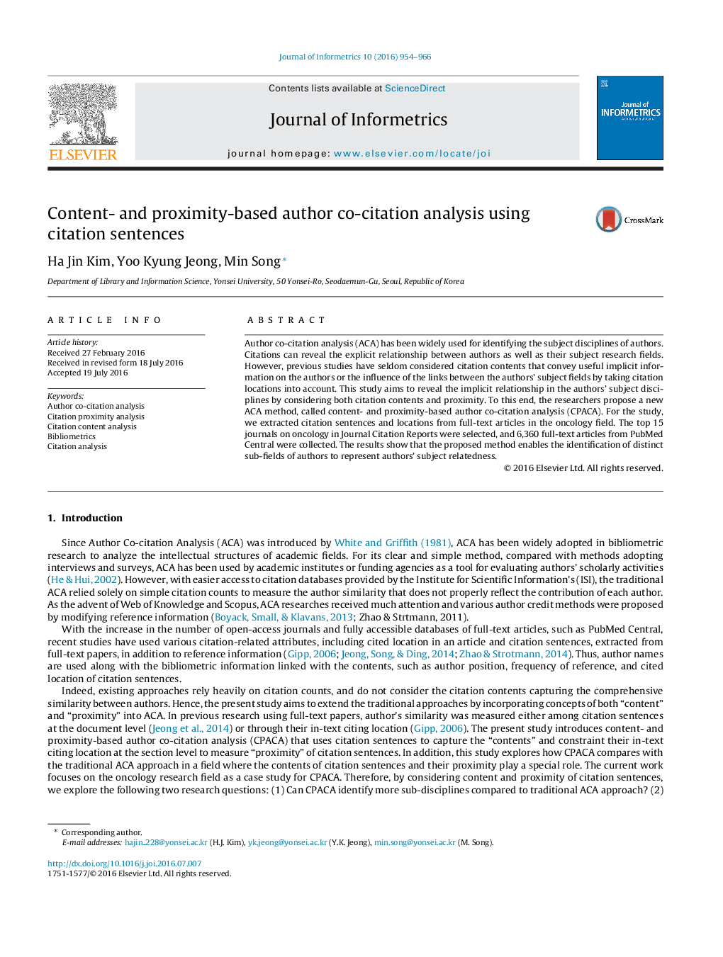 Content- and proximity-based author co-citation analysis using citation sentences