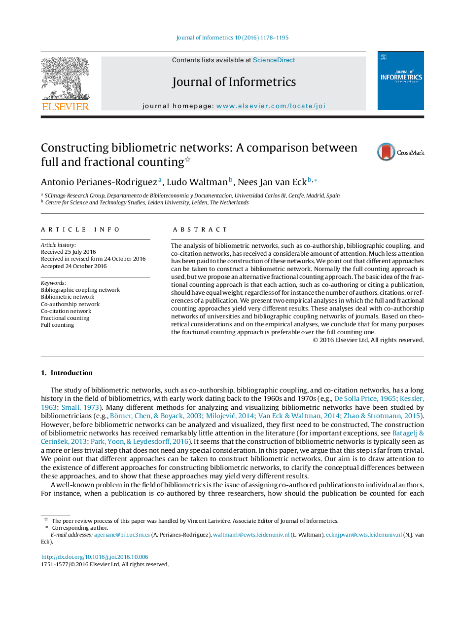 Constructing bibliometric networks: A comparison between full and fractional counting