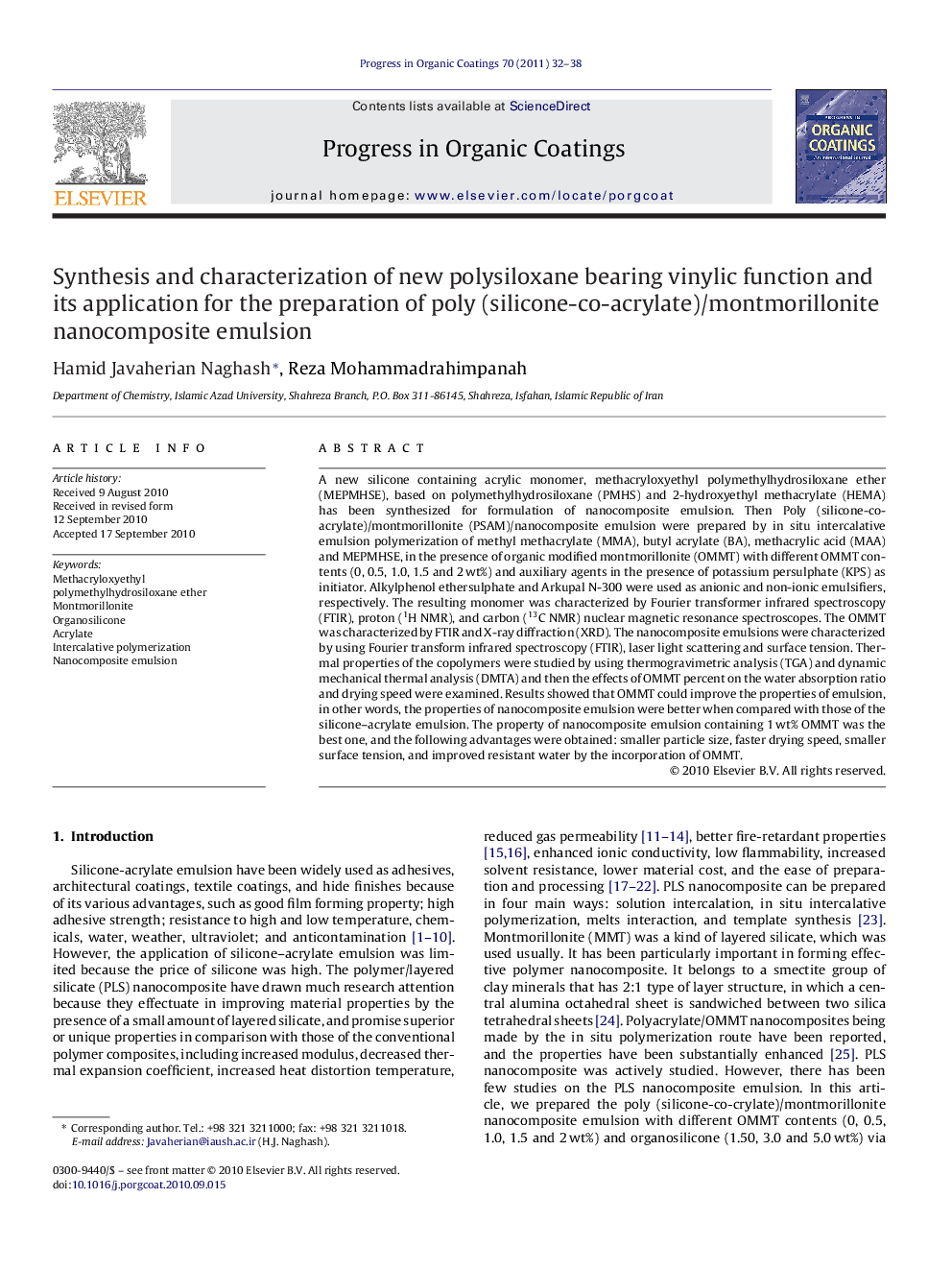 Synthesis and characterization of new polysiloxane bearing vinylic function and its application for the preparation of poly (silicone-co-acrylate)/montmorillonite nanocomposite emulsion