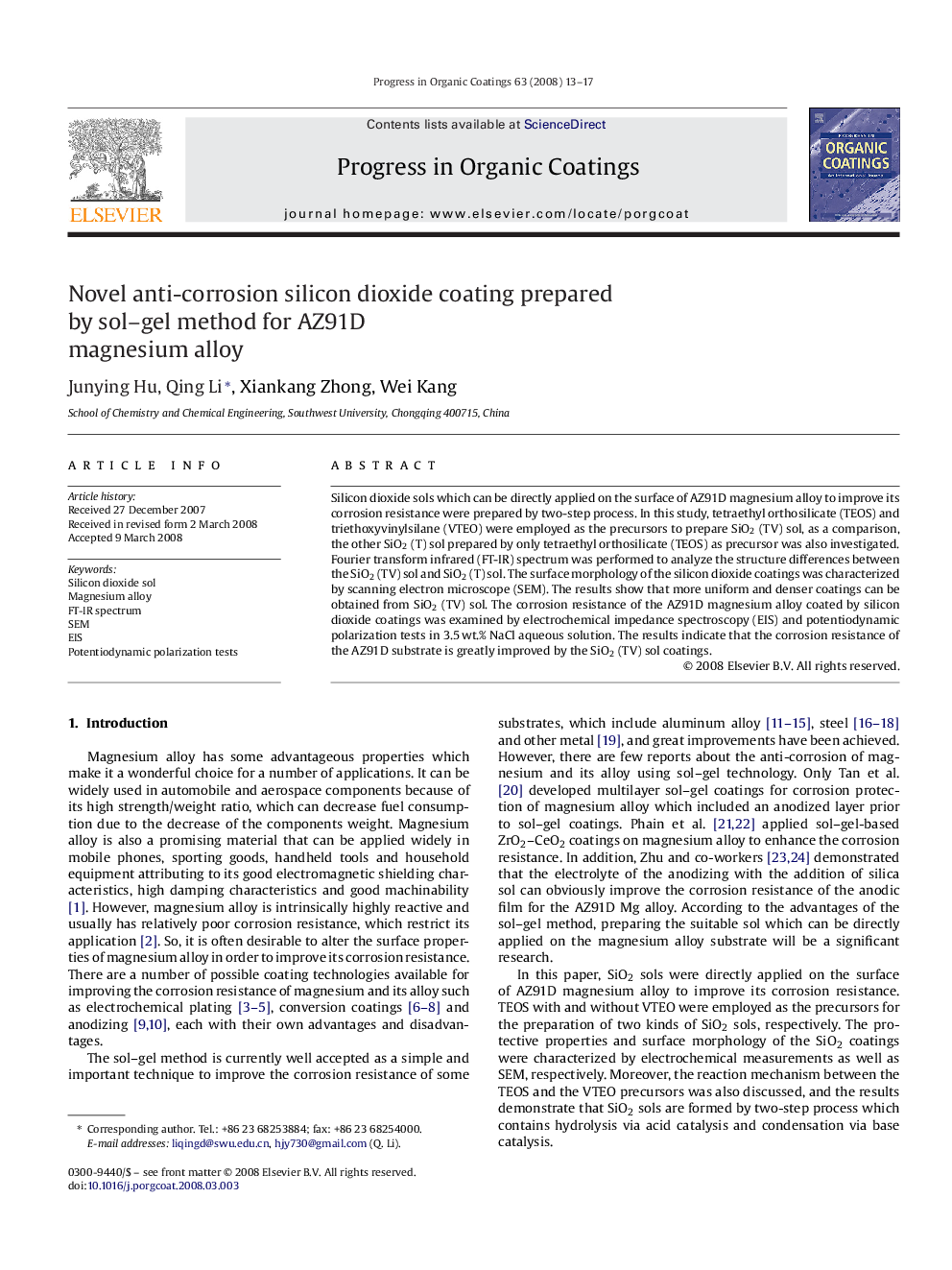 Novel anti-corrosion silicon dioxide coating prepared by sol–gel method for AZ91D magnesium alloy