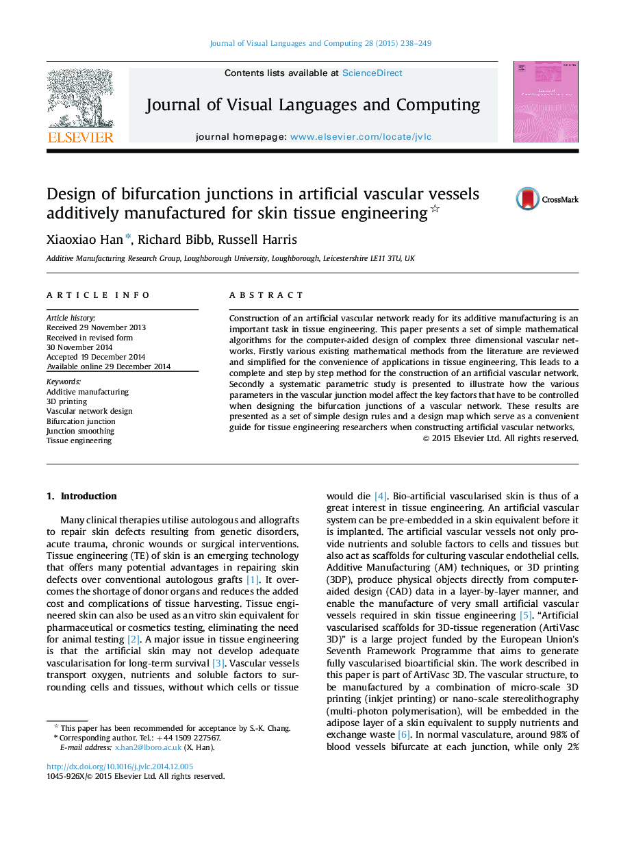 Design of bifurcation junctions in artificial vascular vessels additively manufactured for skin tissue engineering