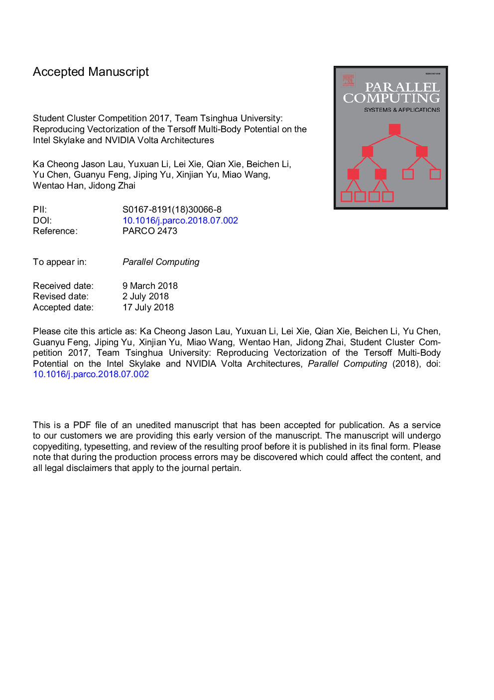 Student cluster competition 2017, team Tsinghua University: Reproducing vectorization of the tersoff multi-body potential on the Intel Skylake and NVIDIA Volta architectures