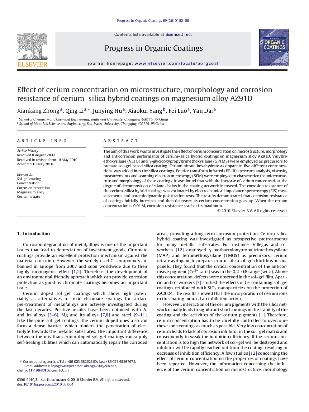 Effect of cerium concentration on microstructure, morphology and corrosion resistance of cerium–silica hybrid coatings on magnesium alloy AZ91D