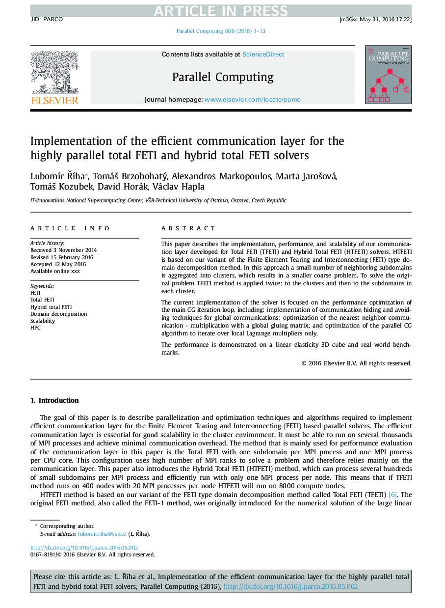 Implementation of the efficient communication layer for the highly parallel total FETI and hybrid total FETI solvers