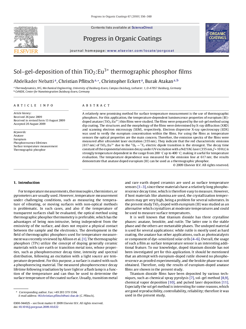 Sol–gel-deposition of thin TiO2:Eu3+ thermographic phosphor films