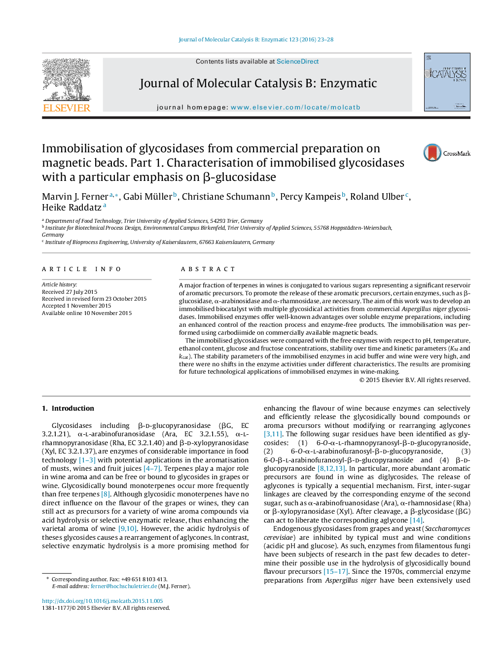 Immobilisation of glycosidases from commercial preparation on magnetic beads. Part 1. Characterisation of immobilised glycosidases with a particular emphasis on β-glucosidase