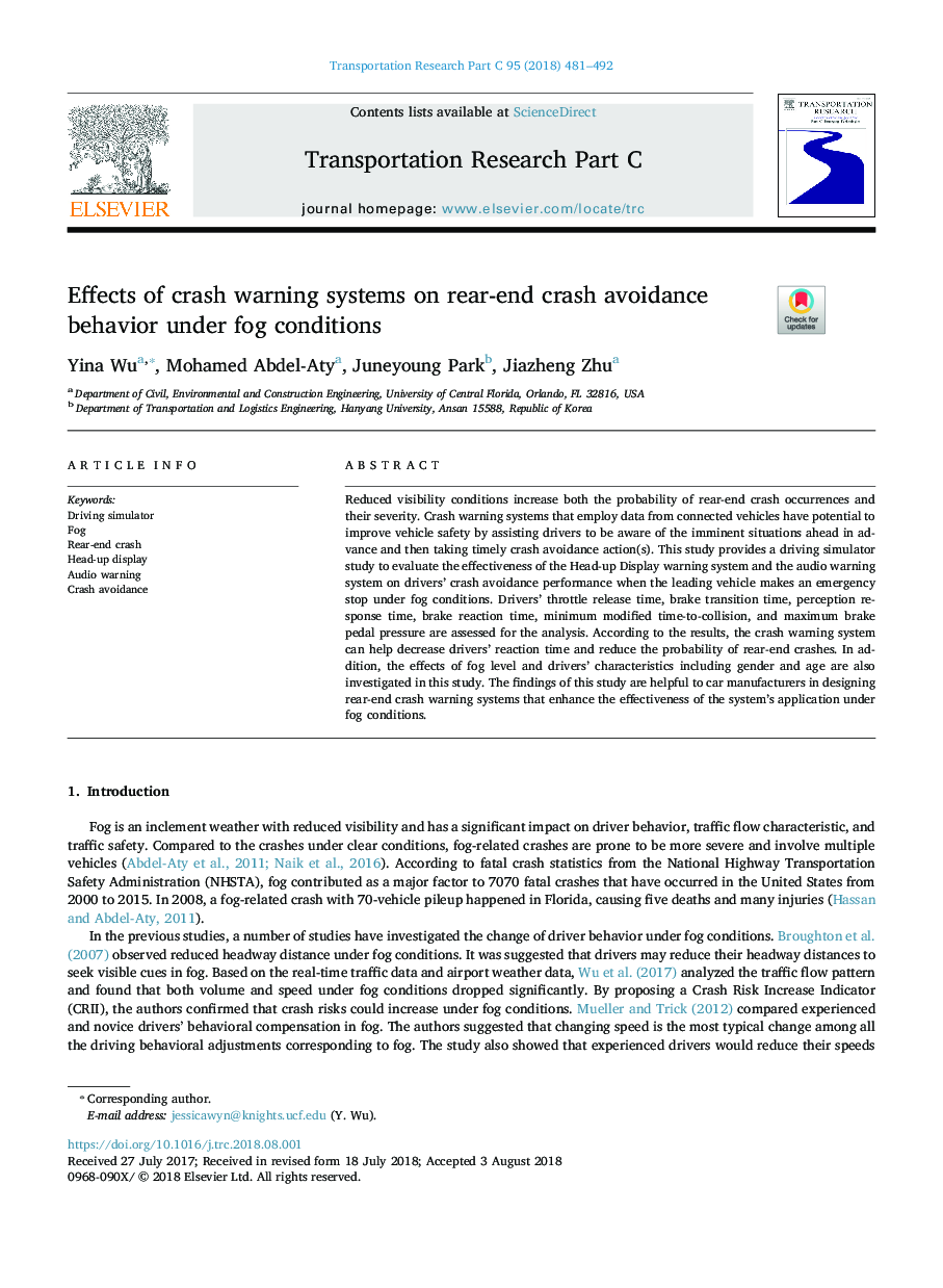 Effects of crash warning systems on rear-end crash avoidance behavior under fog conditions