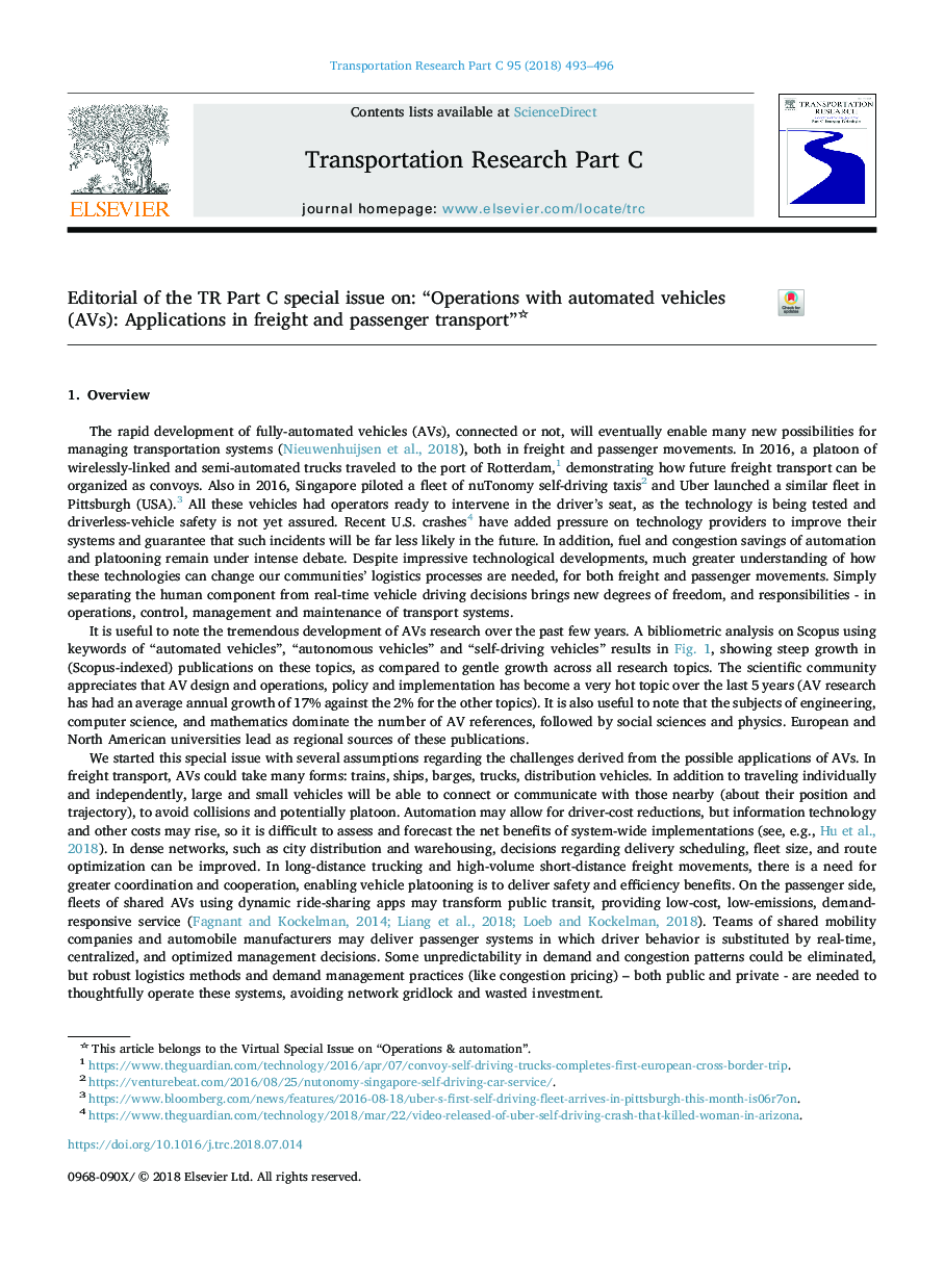 Editorial of the TR Part C special issue on: “Operations with automated vehicles (AVs): Applications in freight and passenger transport”