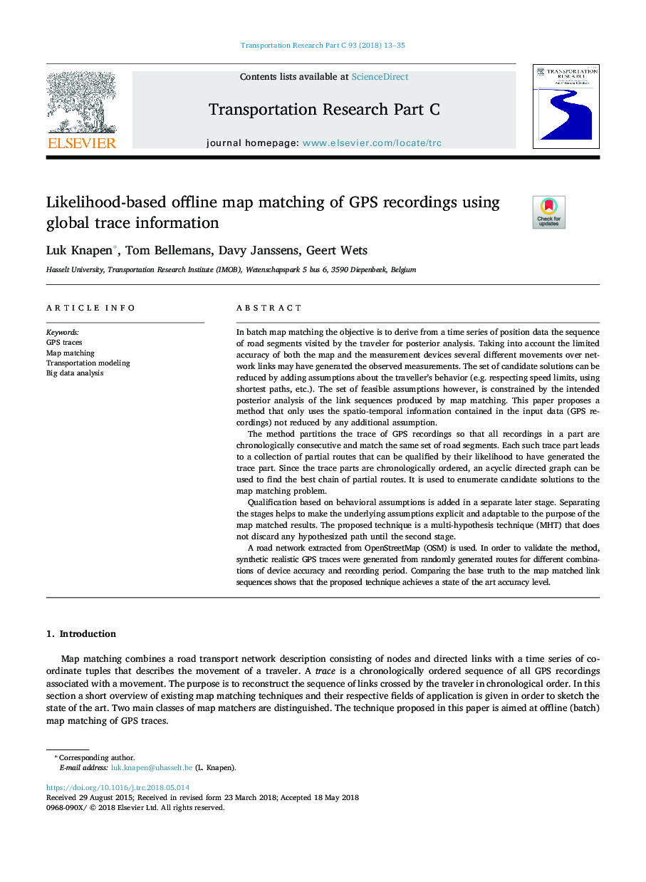 Likelihood-based offline map matching of GPS recordings using global trace information