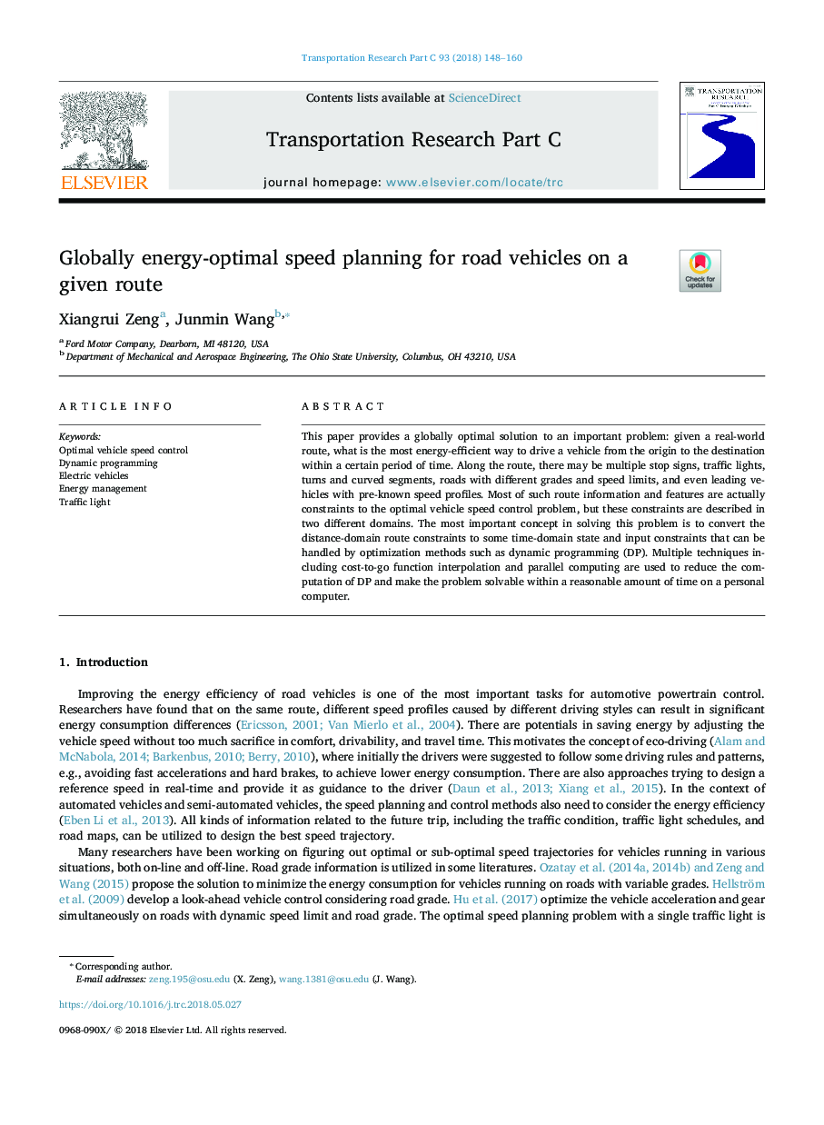 Globally energy-optimal speed planning for road vehicles on a given route