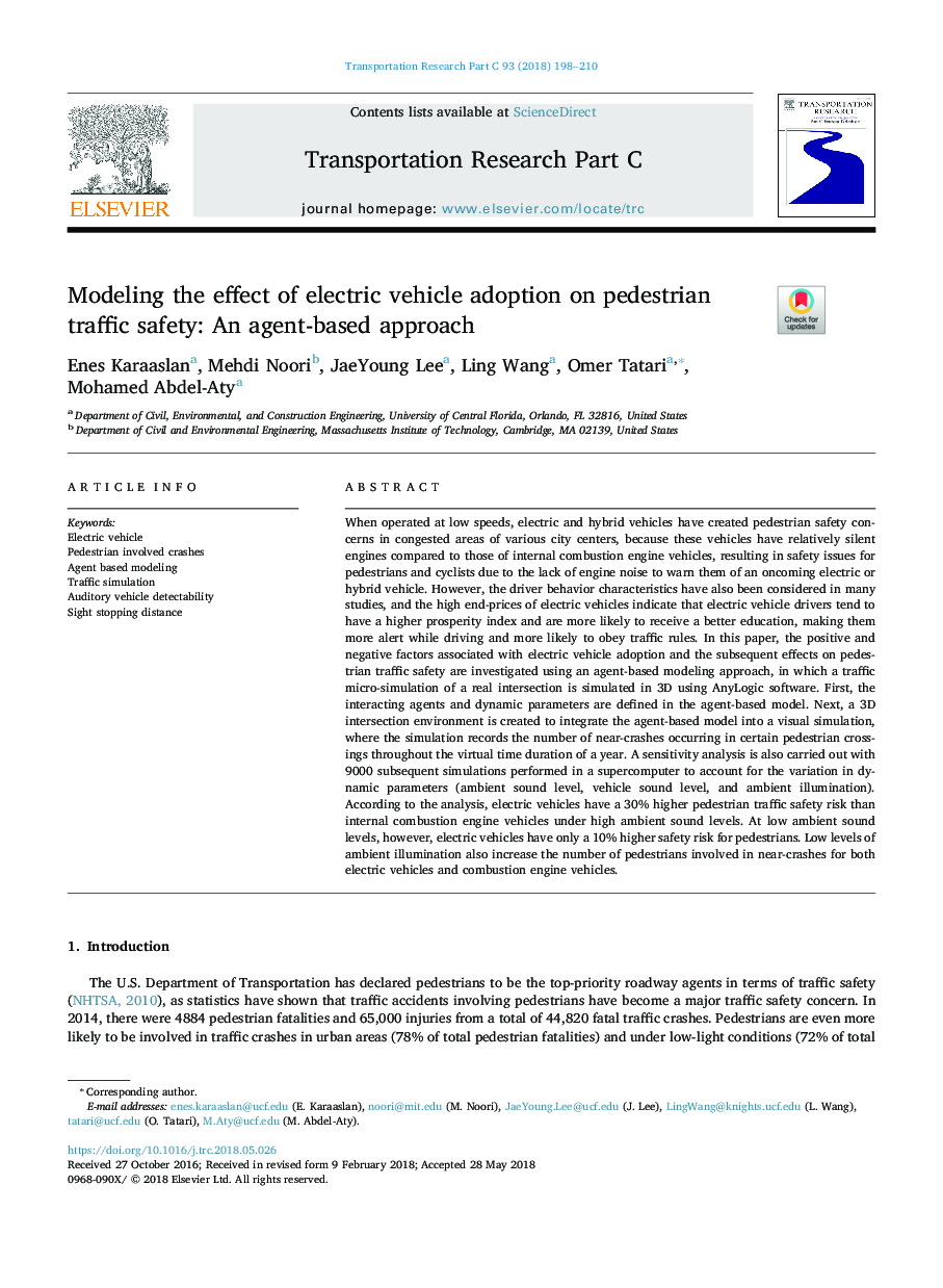 مدل سازی اثر تصویب وسایل نقلیه الکتریکی در ایمنی ترافیک عابر پیاده: یک رویکرد مبتنی بر عامل 