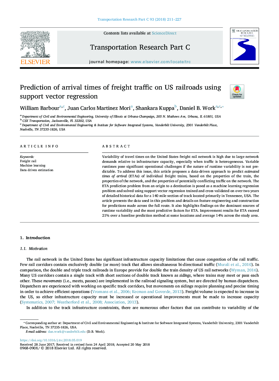 Prediction of arrival times of freight traffic on US railroads using support vector regression