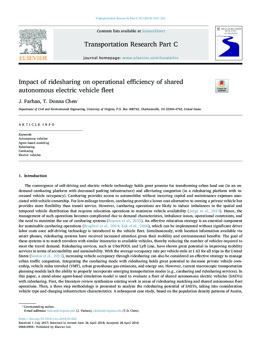 Impact of ridesharing on operational efficiency of shared autonomous electric vehicle fleet