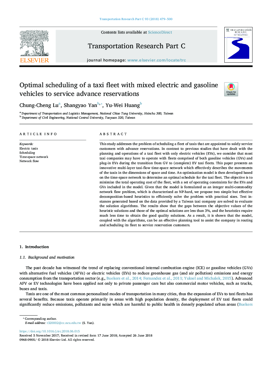 Optimal scheduling of a taxi fleet with mixed electric and gasoline vehicles to service advance reservations