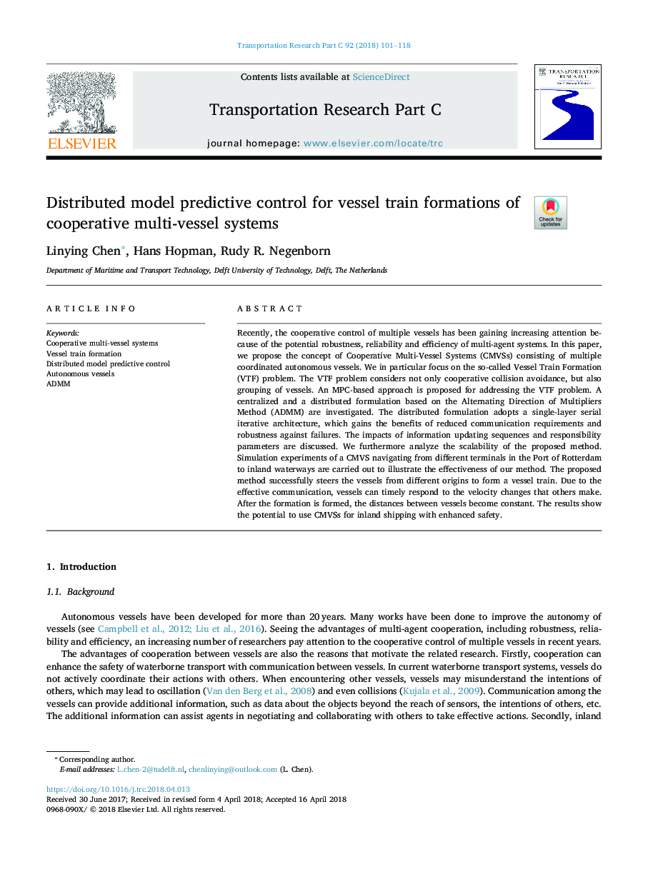 Distributed model predictive control for vessel train formations of cooperative multi-vessel systems