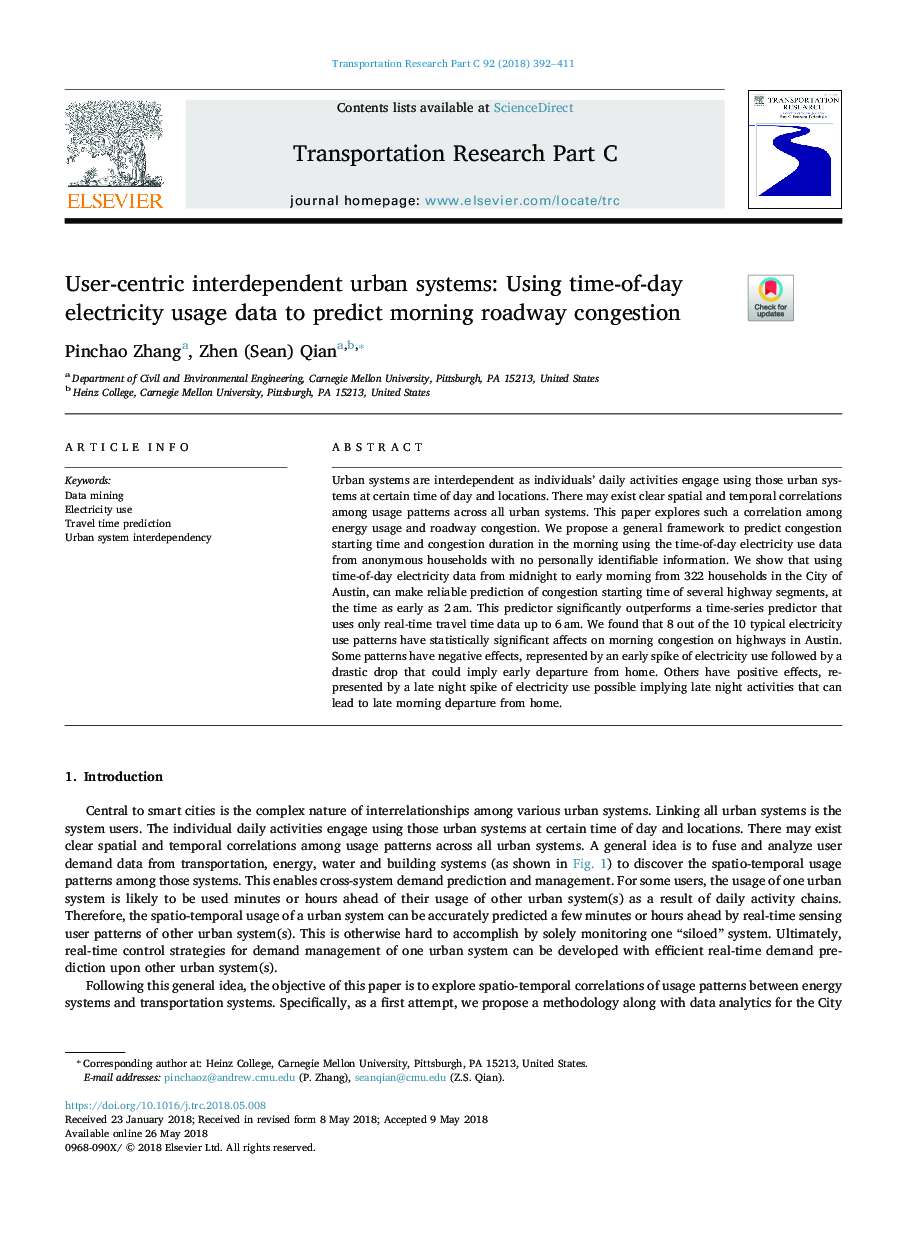 User-centric interdependent urban systems: Using time-of-day electricity usage data to predict morning roadway congestion