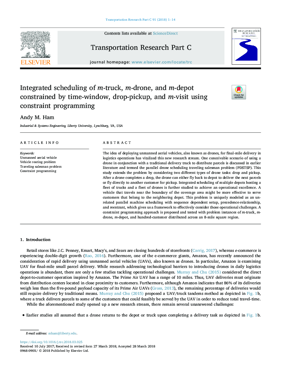 Integrated scheduling of m-truck, m-drone, and m-depot constrained by time-window, drop-pickup, and m-visit using constraint programming