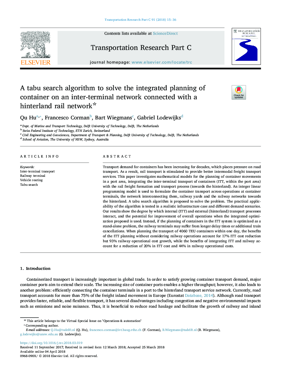 A tabu search algorithm to solve the integrated planning of container on an inter-terminal network connected with a hinterland rail network