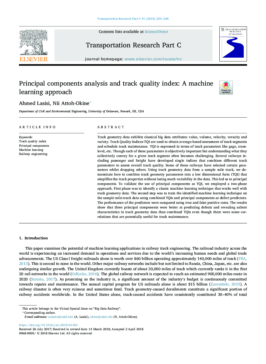 Principal components analysis and track quality index: A machine learning approach