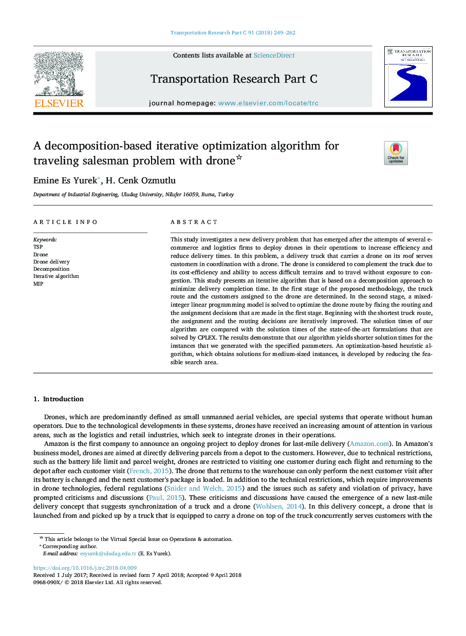 A decomposition-based iterative optimization algorithm for traveling salesman problem with drone