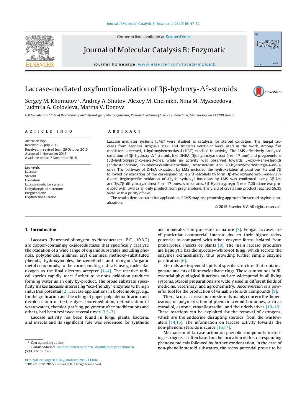 Laccase-mediated oxyfunctionalization of 3β-hydroxy-Δ5-steroids