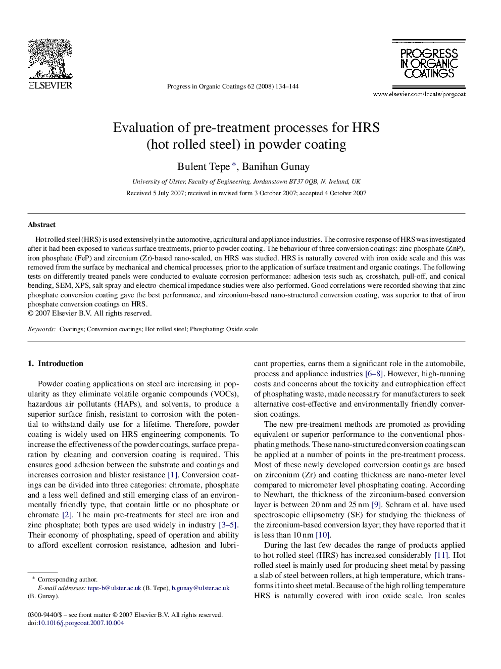 Evaluation of pre-treatment processes for HRS (hot rolled steel) in powder coating