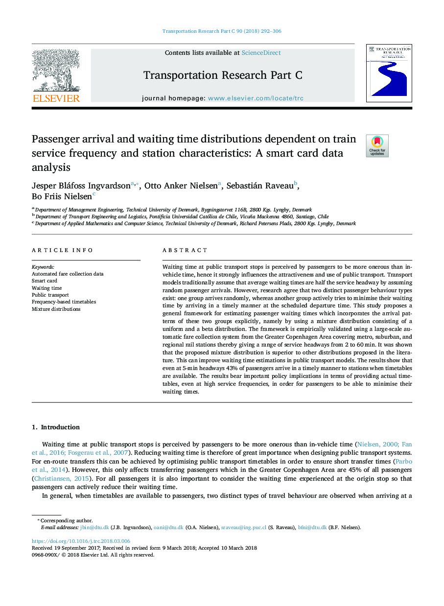 Passenger arrival and waiting time distributions dependent on train service frequency and station characteristics: A smart card data analysis